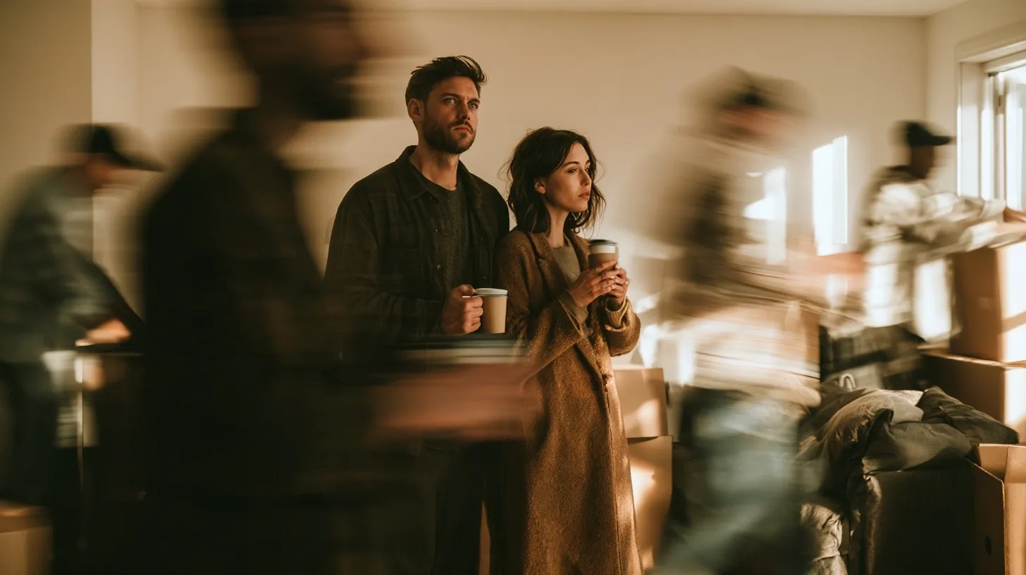A couple holding coffee in their new apartment while movers rush past them in a blur