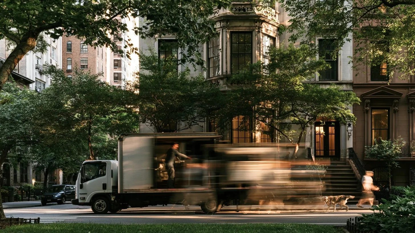 A moving truck on a leafy street with movers blurred by speed as a neighbor walks a dog